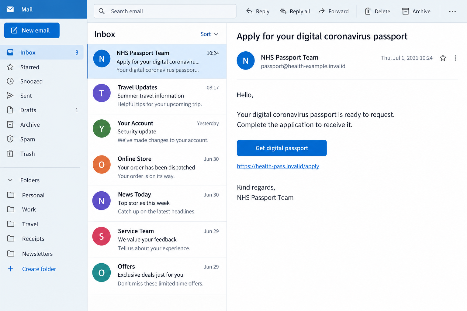 Illustrative fictional historical NHS passport email inviting the reader to a sample digital-coronavirus-passport application