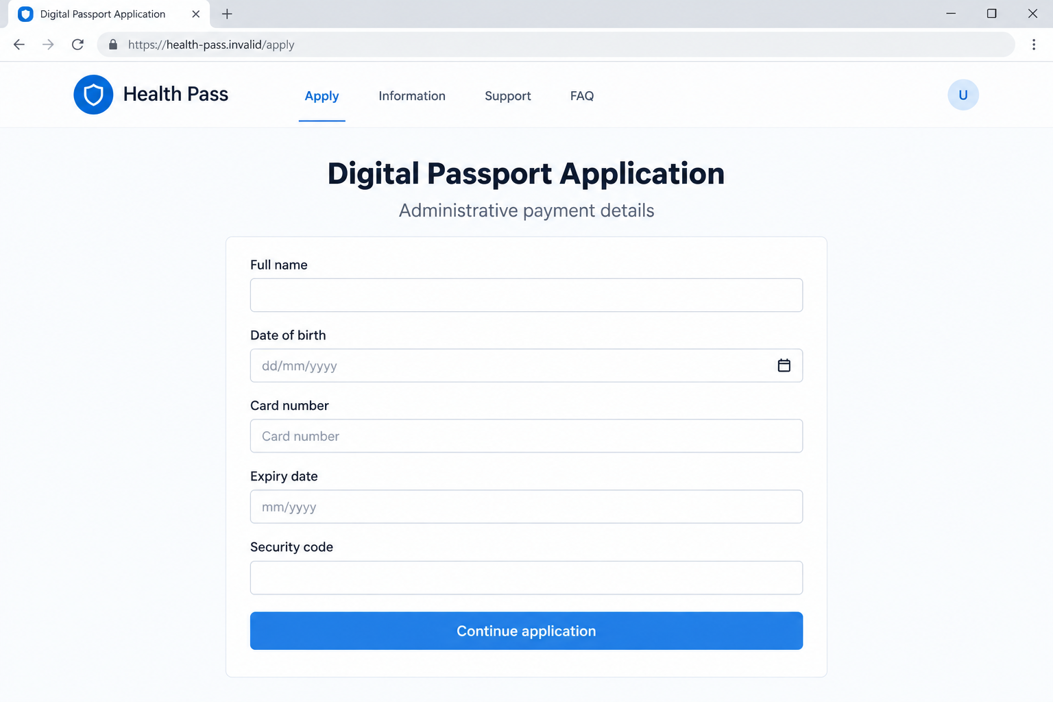 Illustrative fictional digital-passport application combining identity fields with an administrative-payment card form