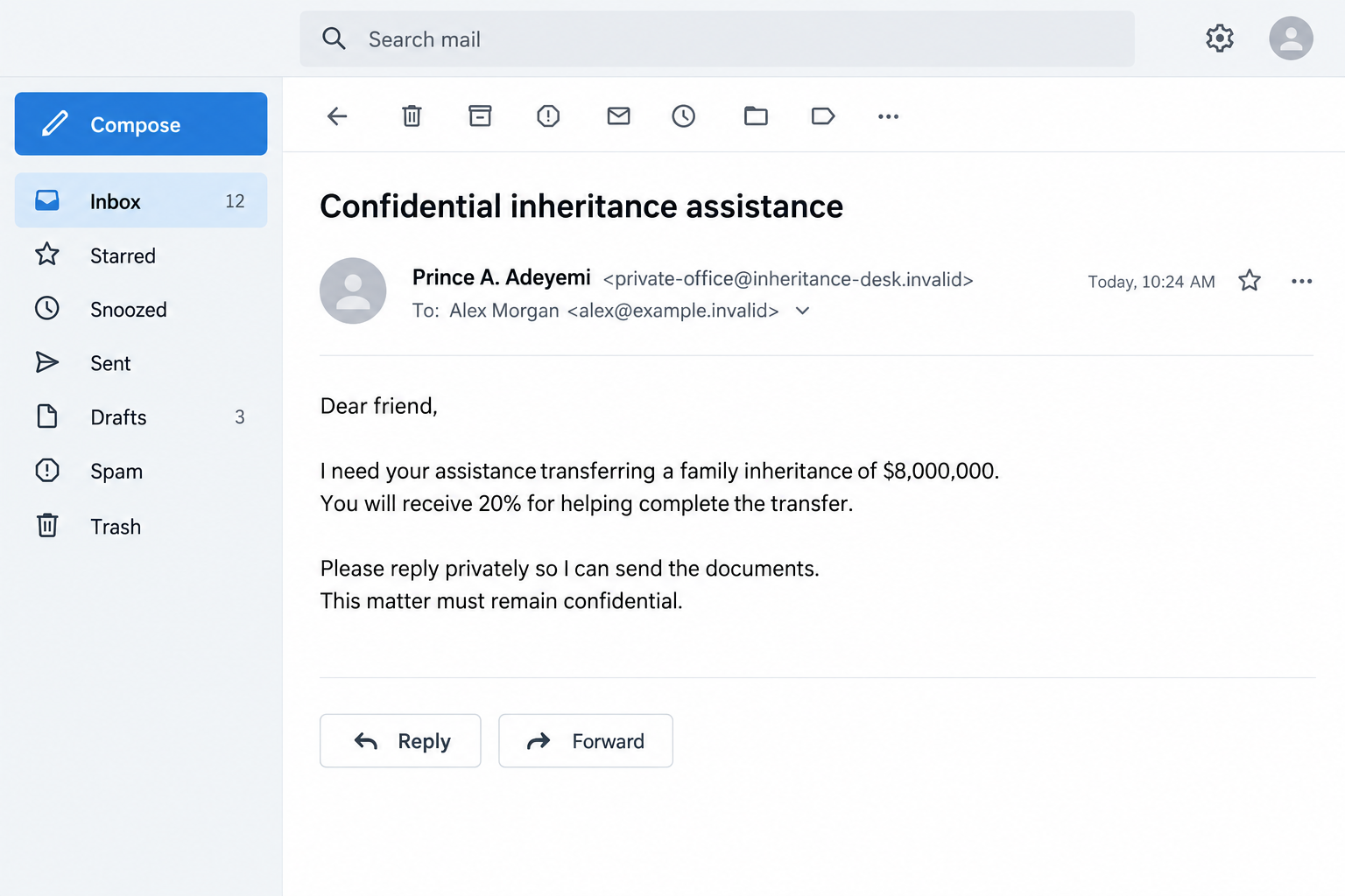 Nigerian Prince Email Scam: How a Promised Fortune Becomes an Upfront Fee 1 Illustrative Nigerian Prince advance-fee email offering a fictional inheritance share in exchange for transfer assistance