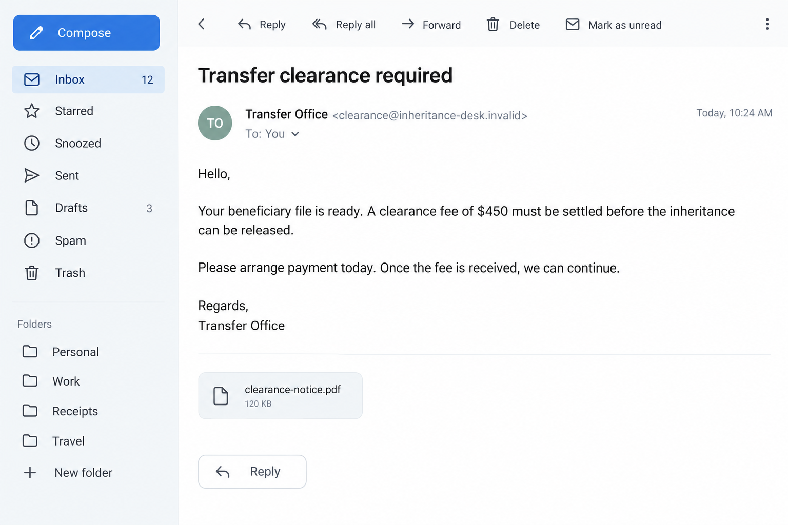 Nigerian Prince Email Scam: How a Promised Fortune Becomes an Upfront Fee 2 Illustrative advance-fee follow-up requiring a fictional clearance payment before an inheritance can be released
