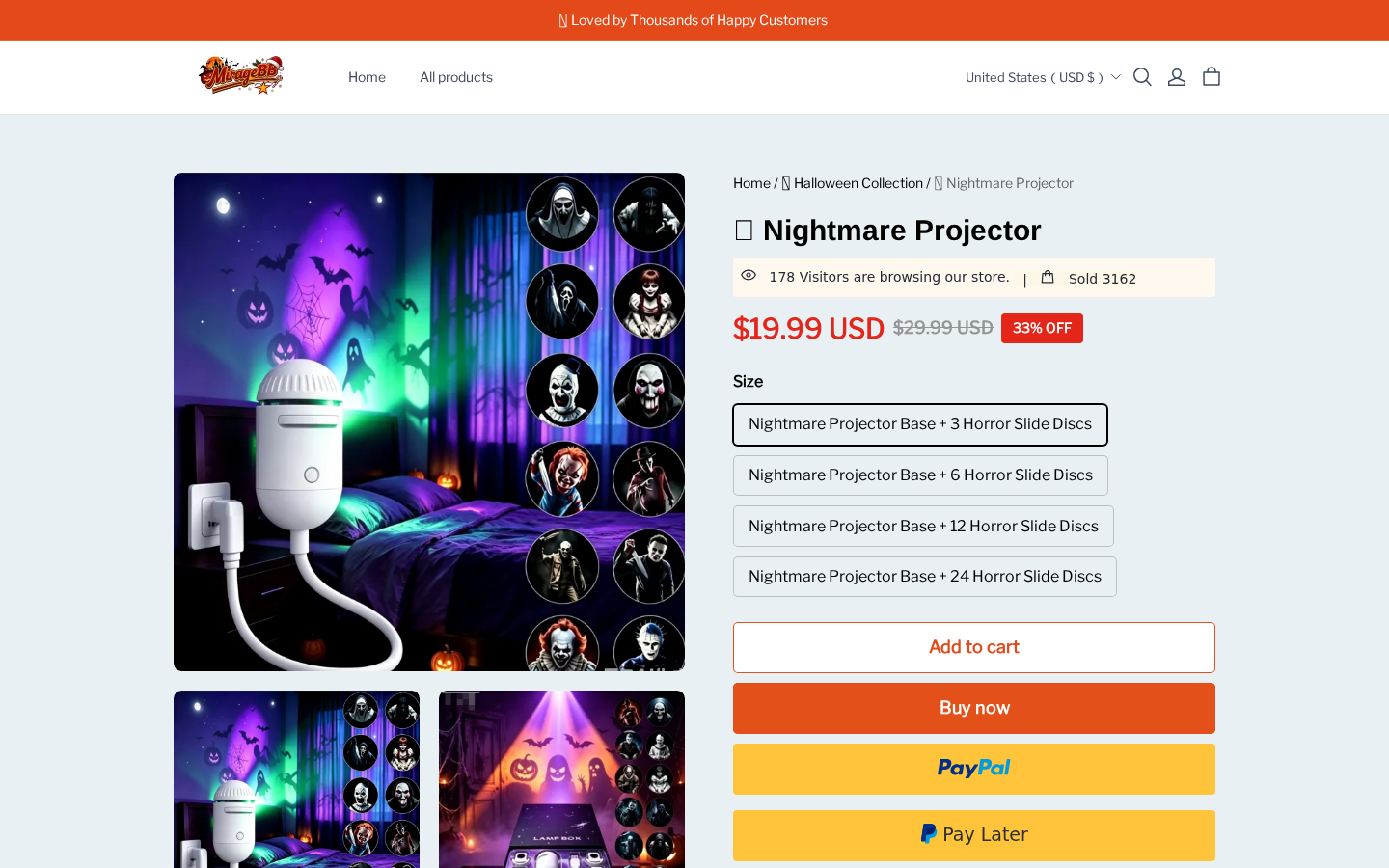 Mirage Store Nightmare Projector product page showing the projector, slide package options, and $19.99 starting price