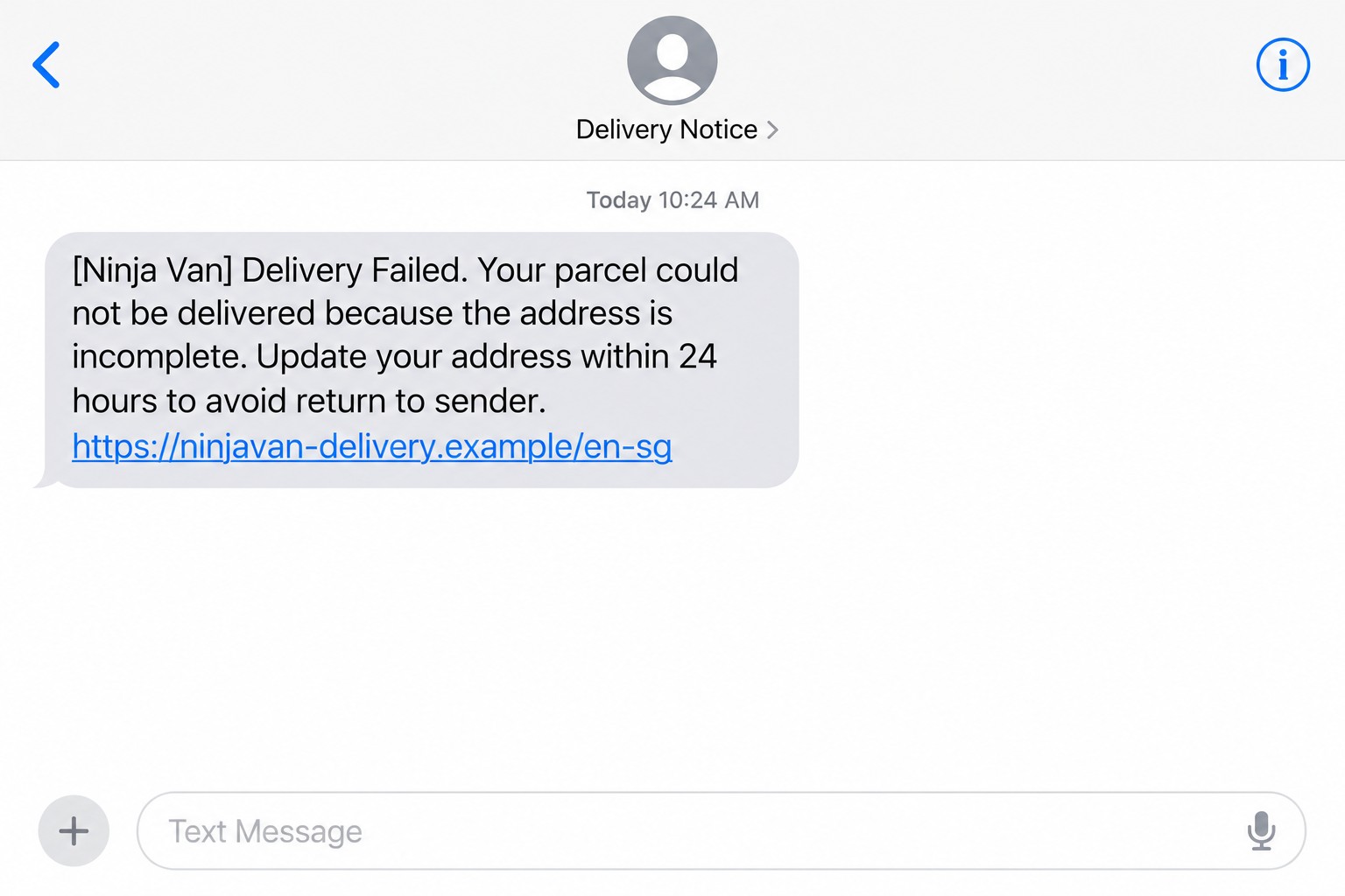 Illustrative fake Ninja Van delivery message requesting an address update within 24 hours