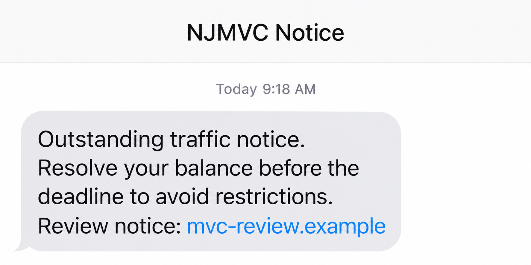 NJMVC Text Scam: Fake Traffic Fines, Toll Demands and Suspension Threats 1 Fictional NJMVC payment-demand text illustration using a nonfunctional example address
