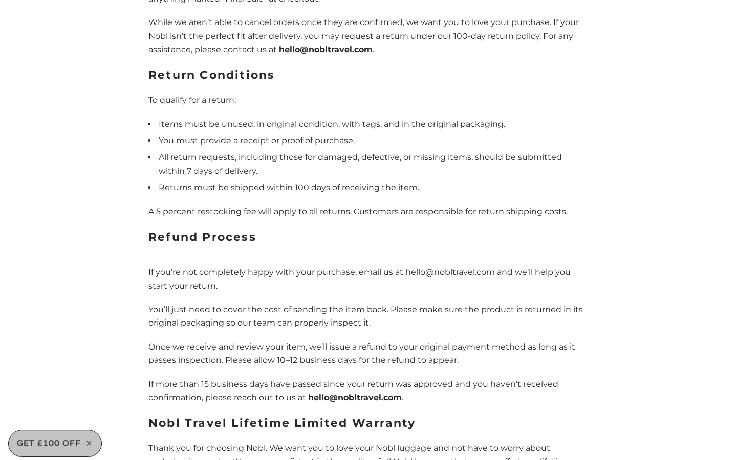 NOBL UK refund policy showing a seven-day request deadline and 5% restocking fee