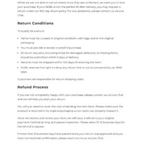NOBL UK Returns and Refunds page showing its return conditions and five-day request deadline