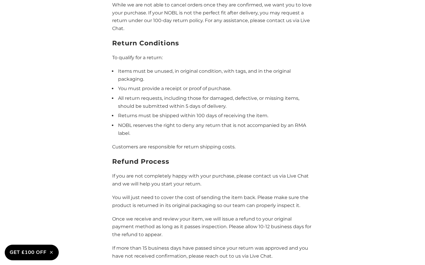 NOBL UK Returns and Refunds page showing its return conditions and five-day request deadline