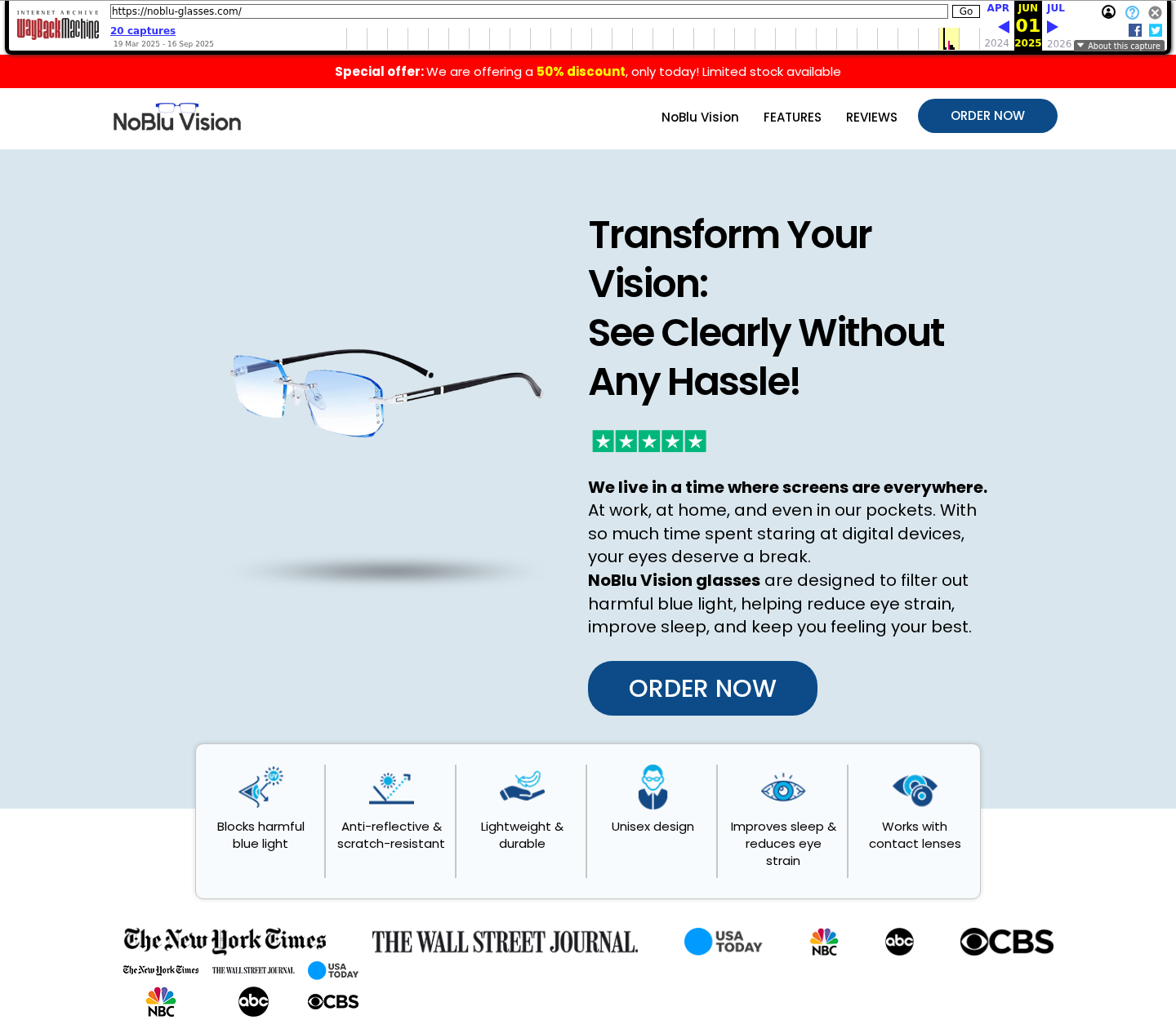 June 2025 archived NoBlu Vision promotional page showing the glasses, screen-comfort claims, discount and media logos