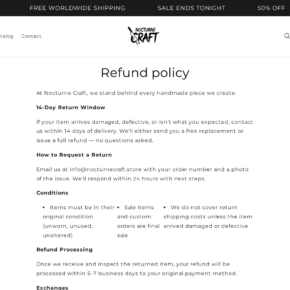 NocturneCraft refund page promising 14-day refunds while excluding sale items and requiring unused condition