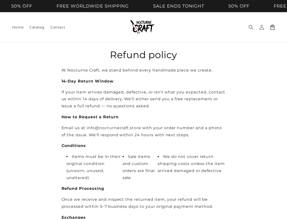 NocturneCraft Nightmare Projector Review: Sale Claims and Refund Conflict 1 NocturneCraft refund page promising 14-day refunds while excluding sale items and requiring unused condition