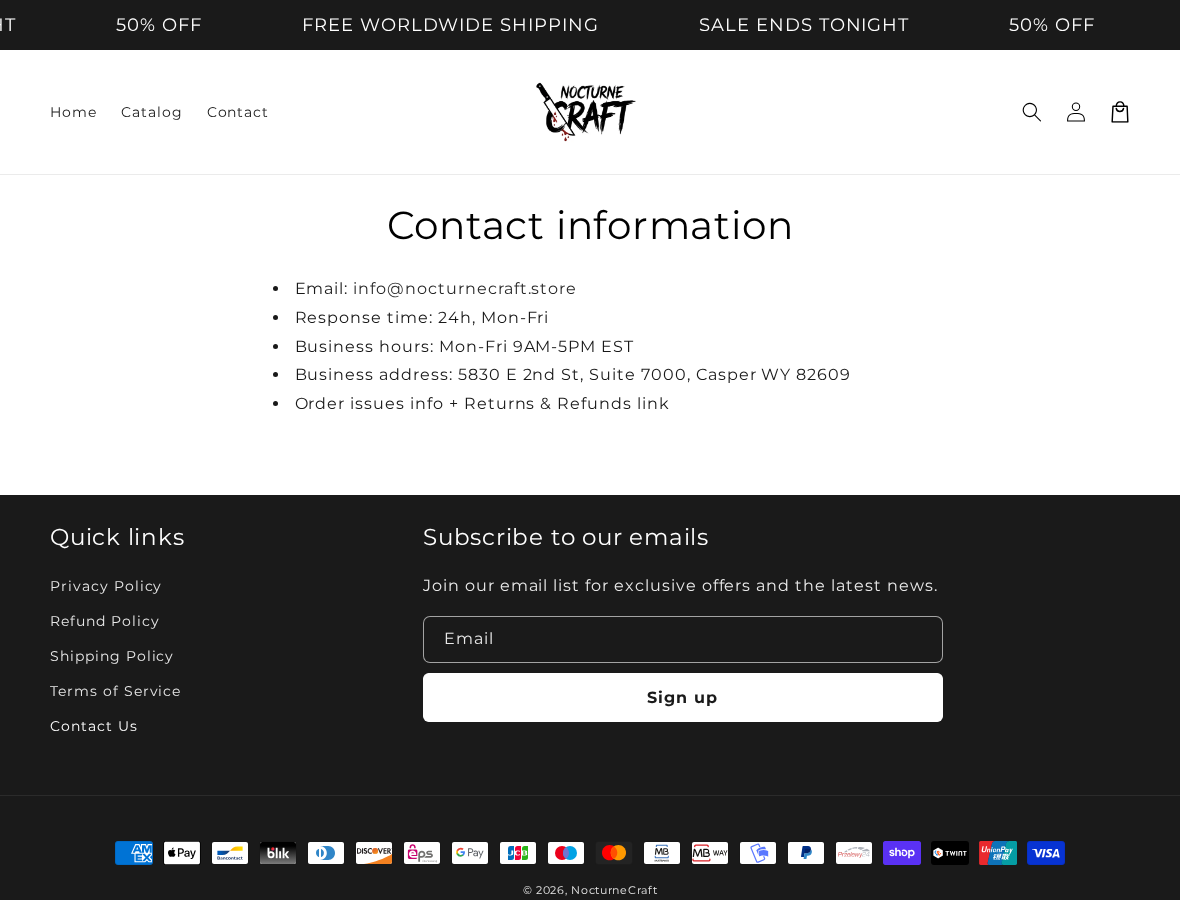 NocturneCraft Nightmare Projector Review: Sale Claims and Refund Conflict 2 NocturneCraft contact page listing an email mailbox and a Casper Wyoming business address without a named legal entity
