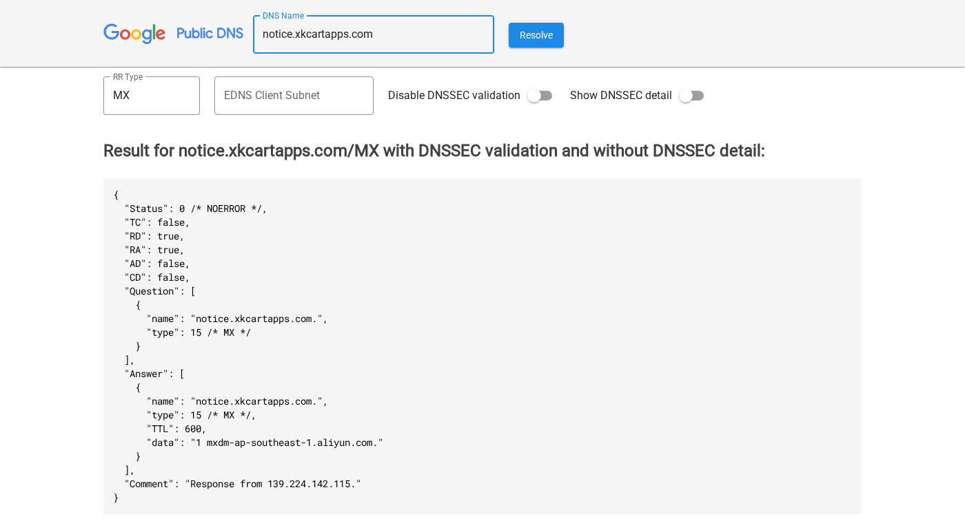 Google Public DNS lookup showing an MX record for notice.xkcartapps.com pointing to an Aliyun mail-service host