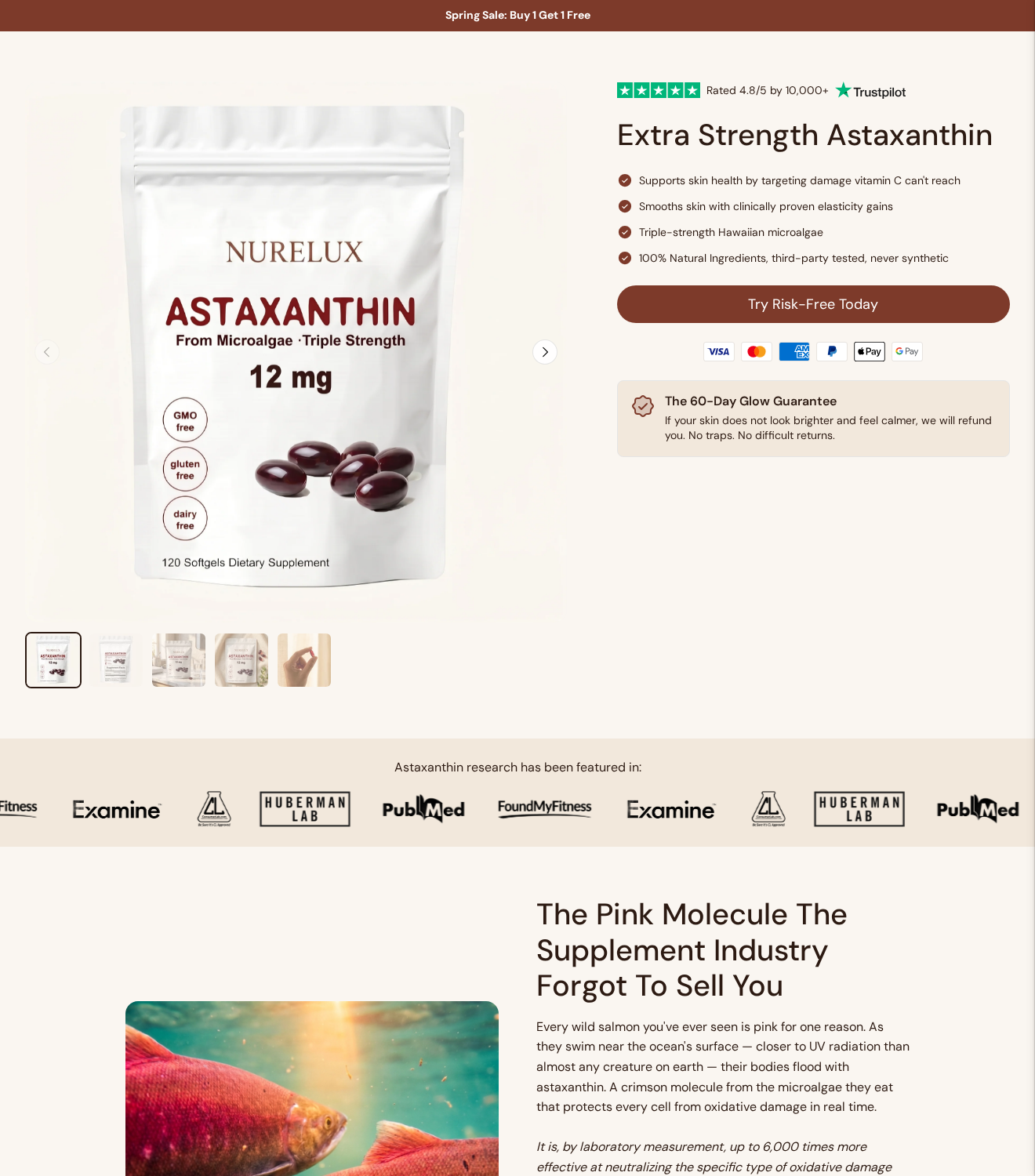 Nurelux Astaxanthin: Scam or Legit? Skin Claims and Guarantee Investigated 1 Nurelux 12mg astaxanthin pouch, skin-benefit claims, research logos and 60-day glow guarantee