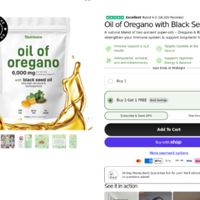 Nutrivora product page showing a three-pack offer and Subscribe and Save selected