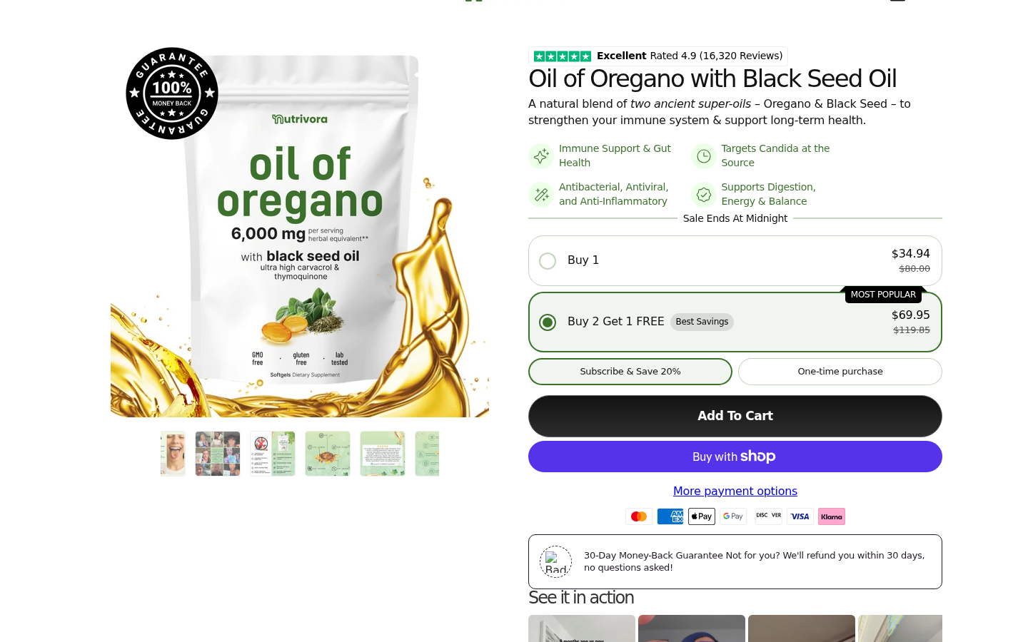 Nutrivora product page showing a three-pack offer and Subscribe and Save selected
