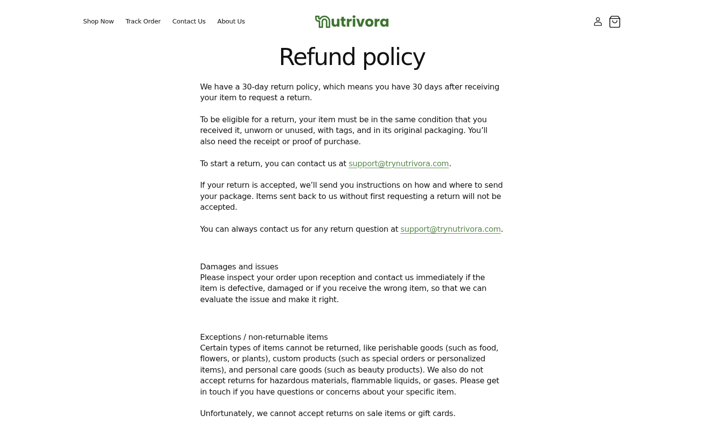 Nutrivora refund policy requiring unused items and excluding sale items