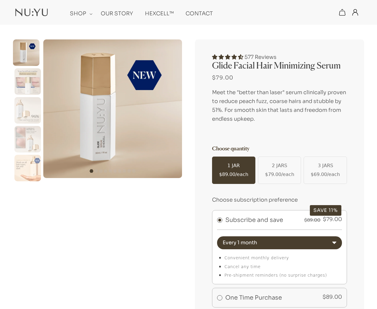 NU:YU Glide serum product page showing the product, quantities, subscription preference and one-time purchase option