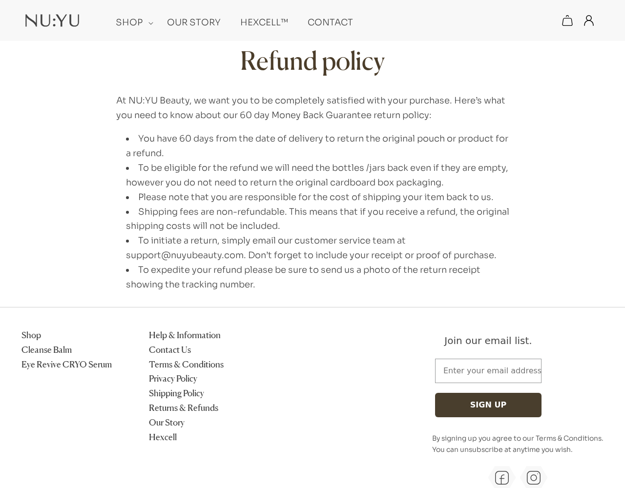 NU:YU refund policy explaining the 60-day delivery window, return of empty containers and customer-paid postage