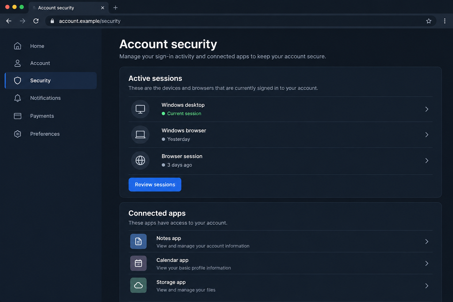 Fictional account security page showing active sessions and connected applications for incident-response illustration