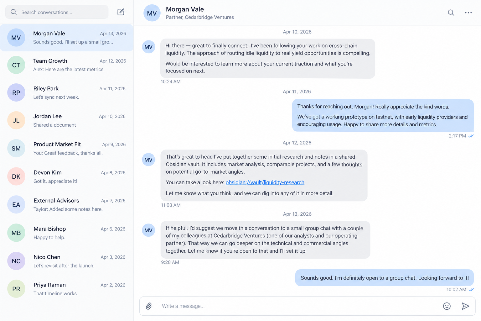 Fake Investors Use Shared Obsidian Vaults to Install Remote Access Malware 1 Illustrative fictional professional-network message inviting a finance professional into a shared Obsidian vault