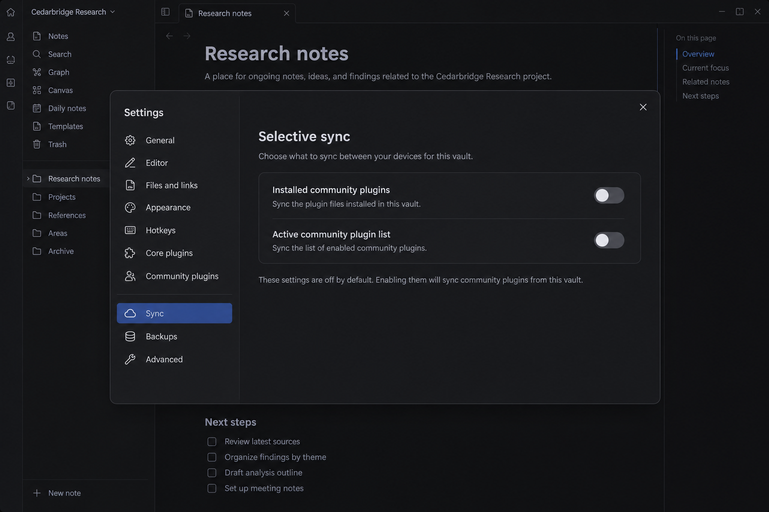 Fake Investors Use Shared Obsidian Vaults to Install Remote Access Malware 2 Illustrative fictional vault sync settings showing community-plugin synchronization disabled