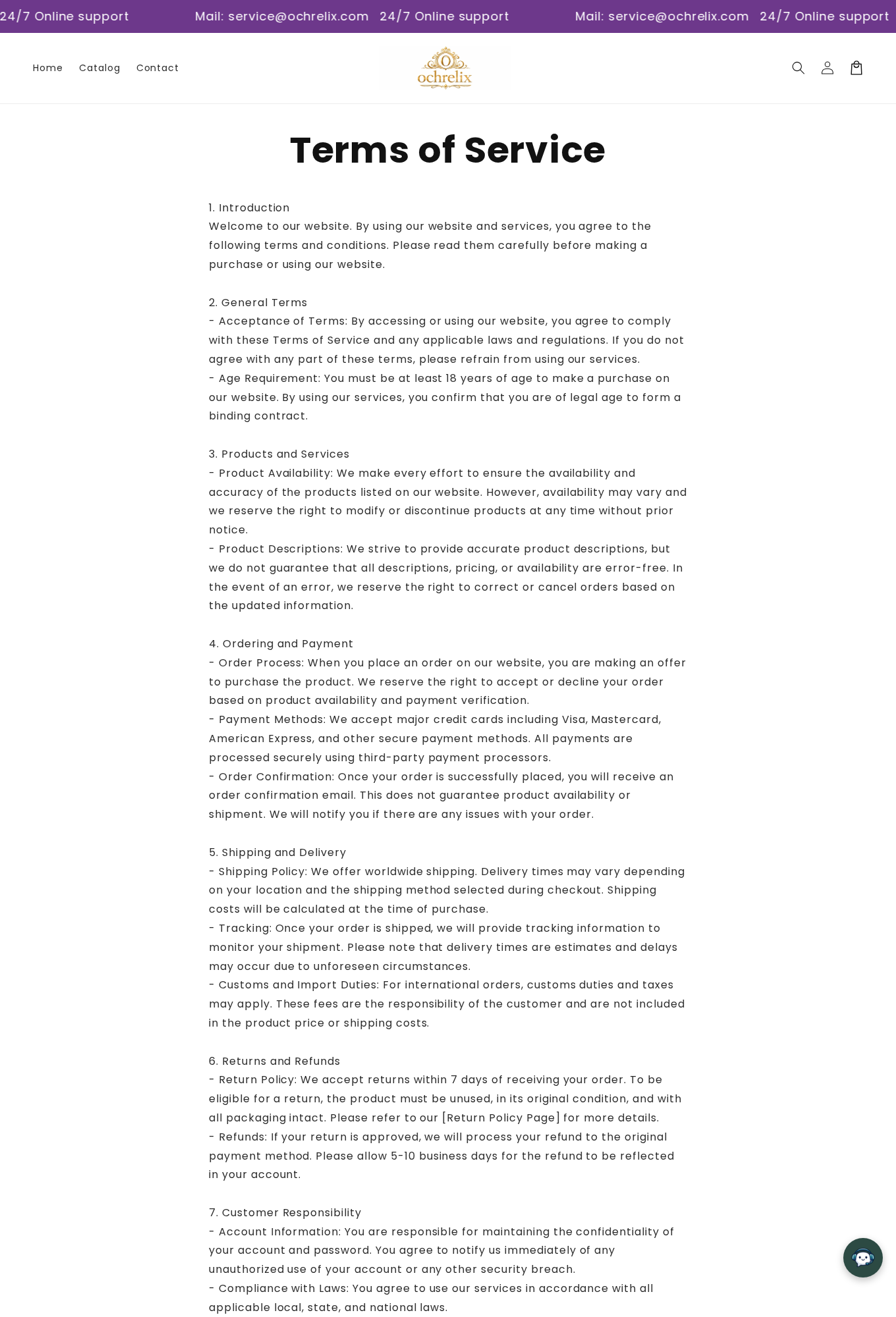 Ochrelix terms of service showing a seven-day return period under its Returns and Refunds section