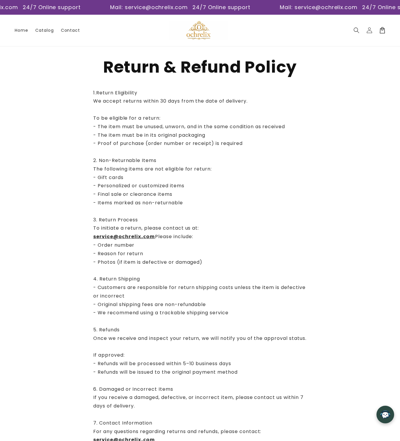 Ochrelix dedicated refund page advertising 30-day returns and buyer-paid postage for nondefective items