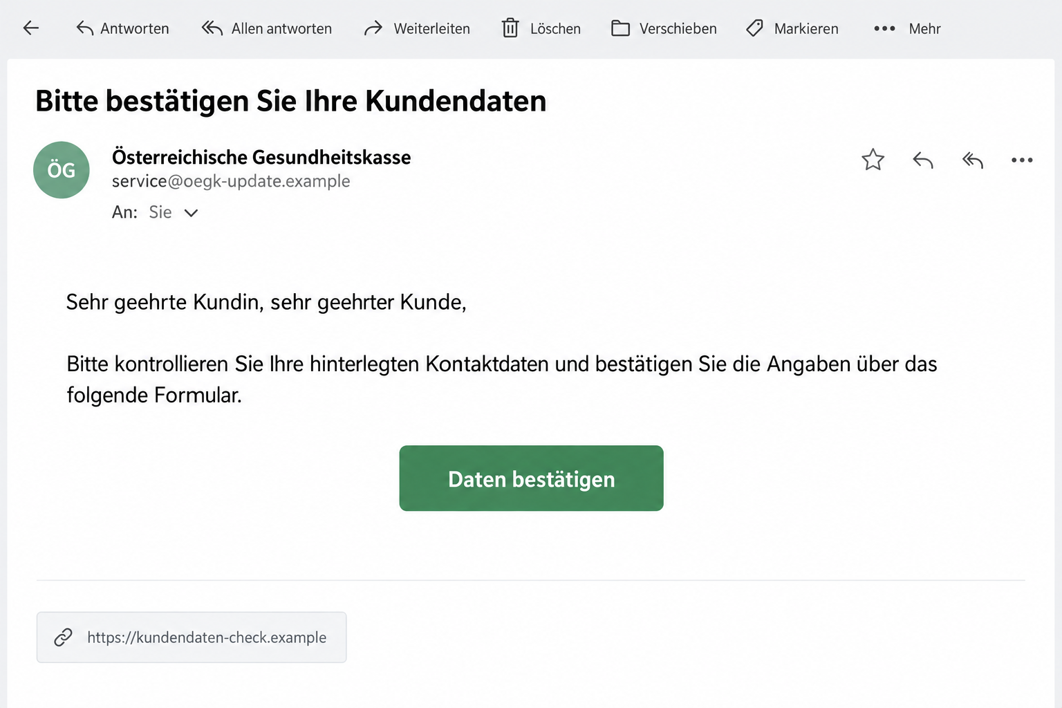 ÖGK Customer Data Email Scam: Fake Update Buttons Put Your Details at Risk 1 Illustrative false ÖGK customer-data confirmation email with a fictional update link