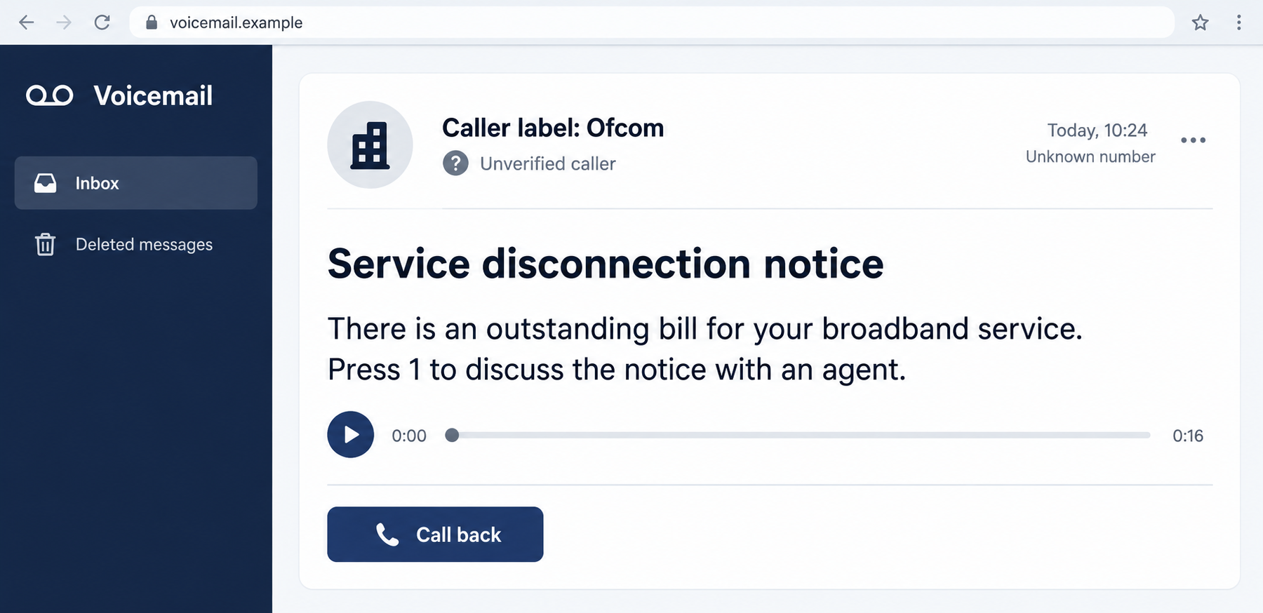 Illustrative voicemail interface showing an unverified Ofcom caller and a fictional disconnection notice