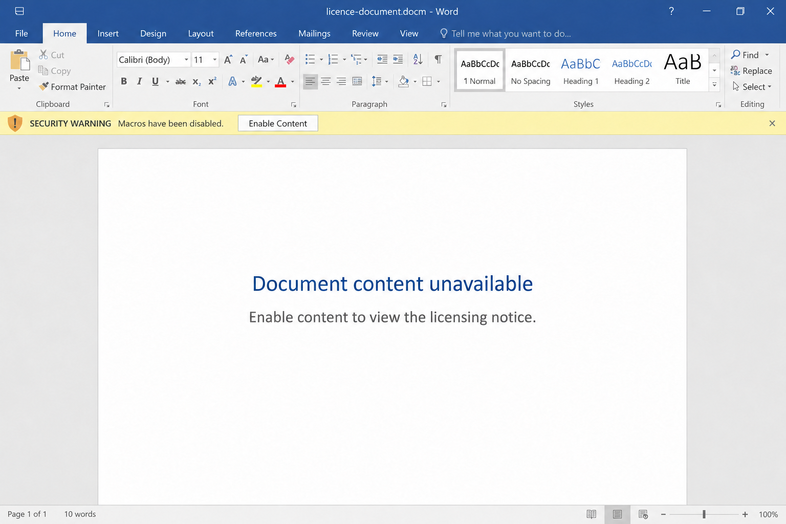 Ofcom Spectrum Licensing Email Scam: Fake Document and Macro Malware Trap 2 Illustrative fictional historical word-processor document asking the reader to enable content despite a disabled-macro security warning