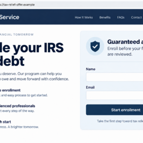 Illustrative tax-relief offer promising guaranteed approval before a financial review on a fictional website