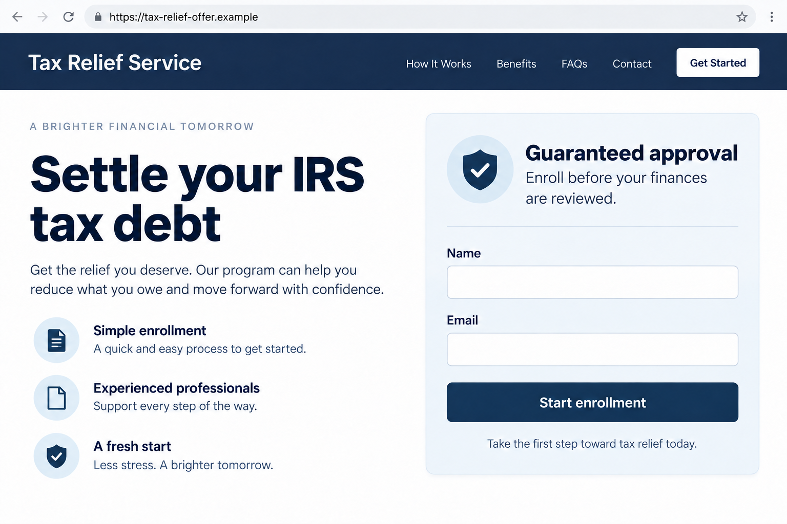Illustrative tax-relief offer promising guaranteed approval before a financial review on a fictional website