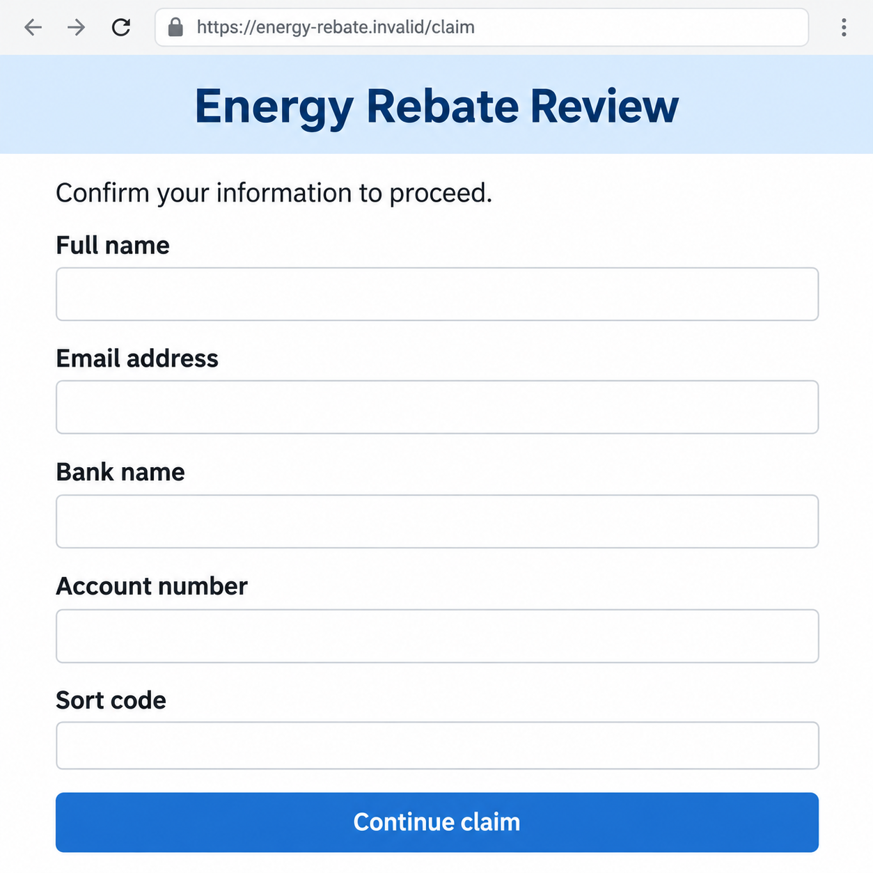 Ofgem Rebate Email Scam: Fake Energy Refund Forms That Steal Bank Details 2 Illustrative fictional energy-rebate review page requesting personal information, a bank name, account number, and sort code