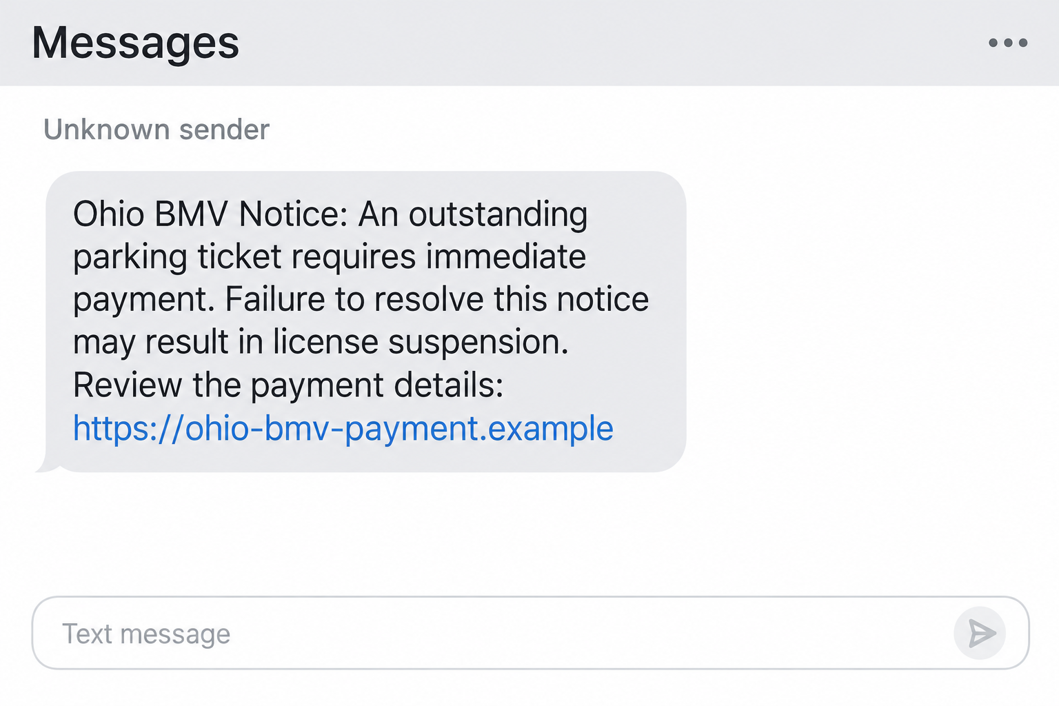 Illustrative Ohio BMV parking ticket scam text using a nonfunctional example link