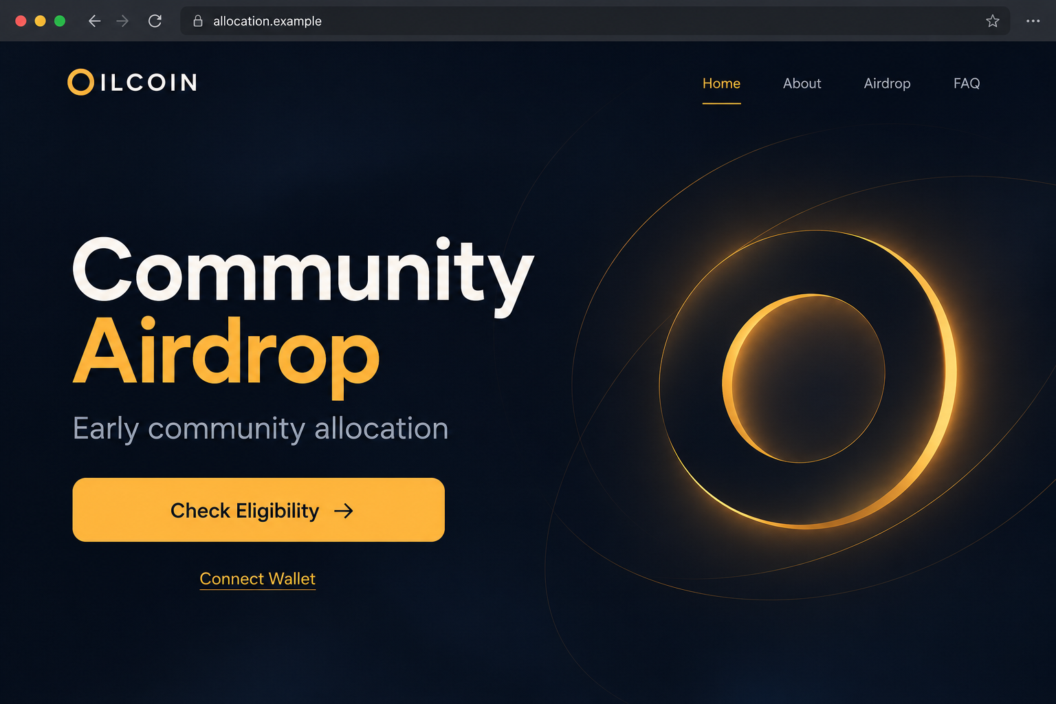 OILCOIN Airdrop Scam: Fake Early Access Rewards Put Crypto Wallets at Risk 1 Illustrative nonfunctional OILCOIN airdrop page offering early community eligibility and wallet connection