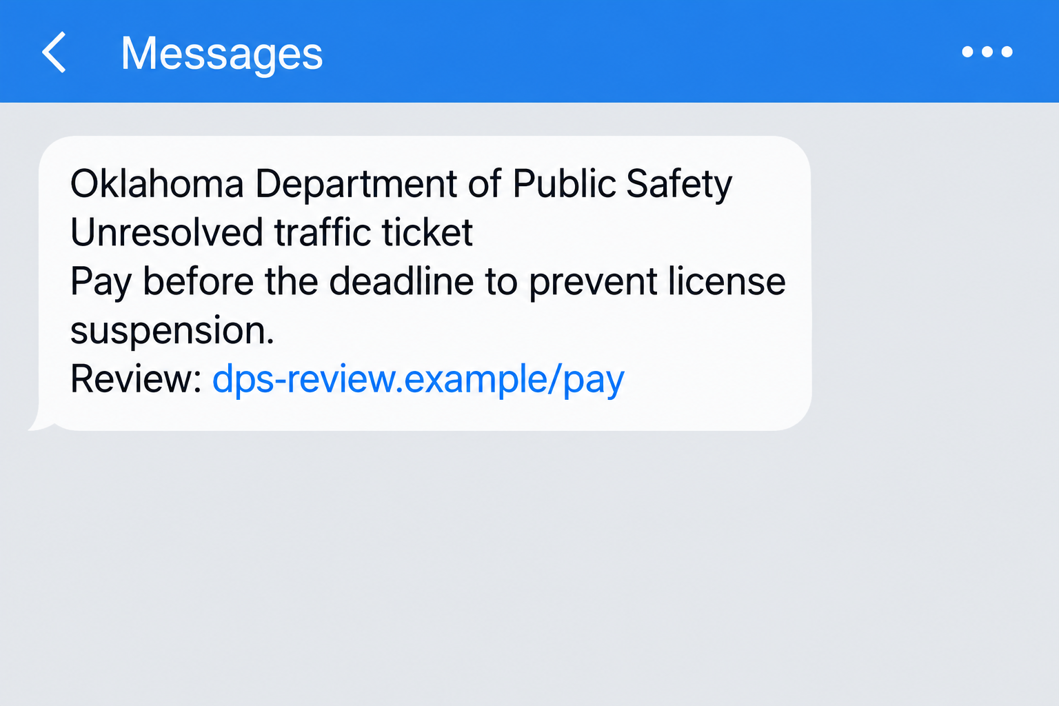 Illustrative Oklahoma DPS unpaid-ticket text with fictional payment instructions and a nonfunctional example domain