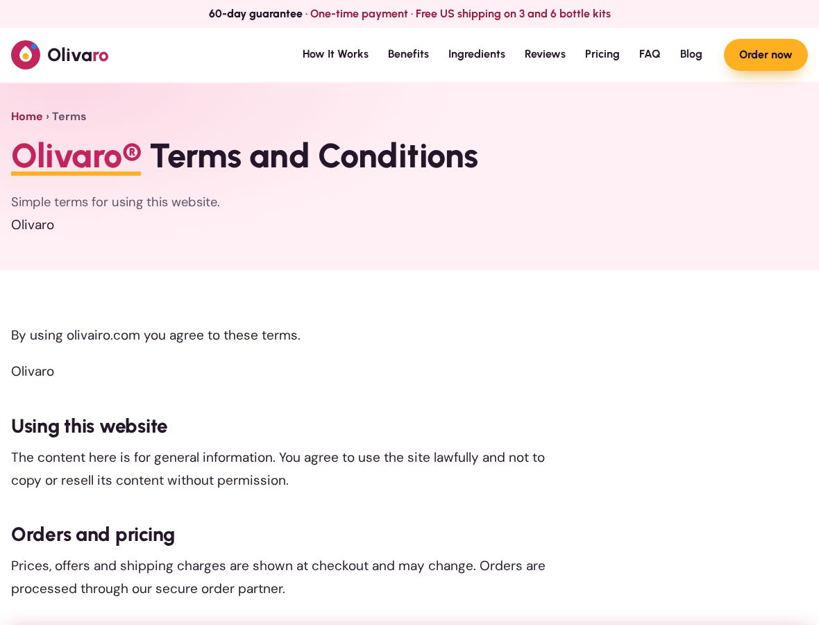 Olivaro Review: Price Mismatches, Affiliate Claims and Refund Rules Checked 1 Olivaro promotional website terms identifying an order partner while displaying a one-time-payment guarantee