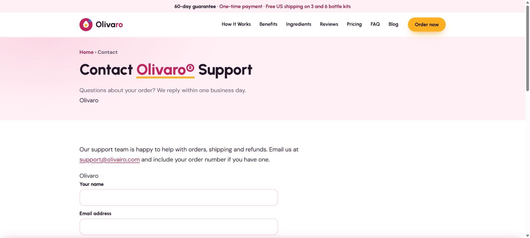 Olivaro Review: Price Mismatches, Affiliate Claims and Refund Rules Checked 2 Olivaro affiliate contact page giving support at olivairo.com rather than the customer service details on the linked sales page