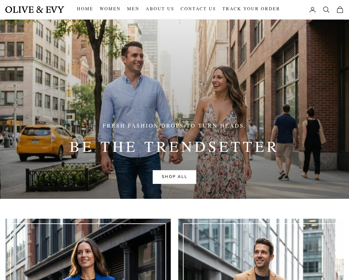 Olive and Evy clothing storefront with product categories and shopping offers