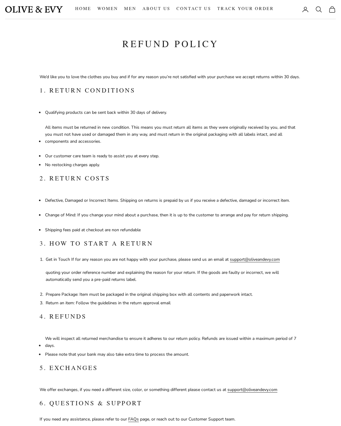 Olive and Evy return policy showing delivery-based returns, return costs and refund instructions