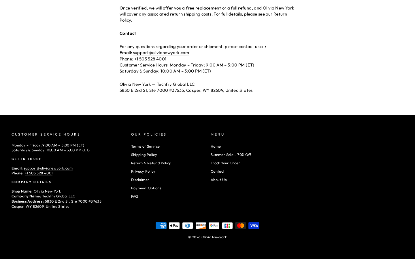 Olivia New York Review: Return Costs, Sale Claims and Buyer Risks Checked 2 Olivia New York shipping page displaying Techfry Global LLC, its Wyoming address, email, and telephone