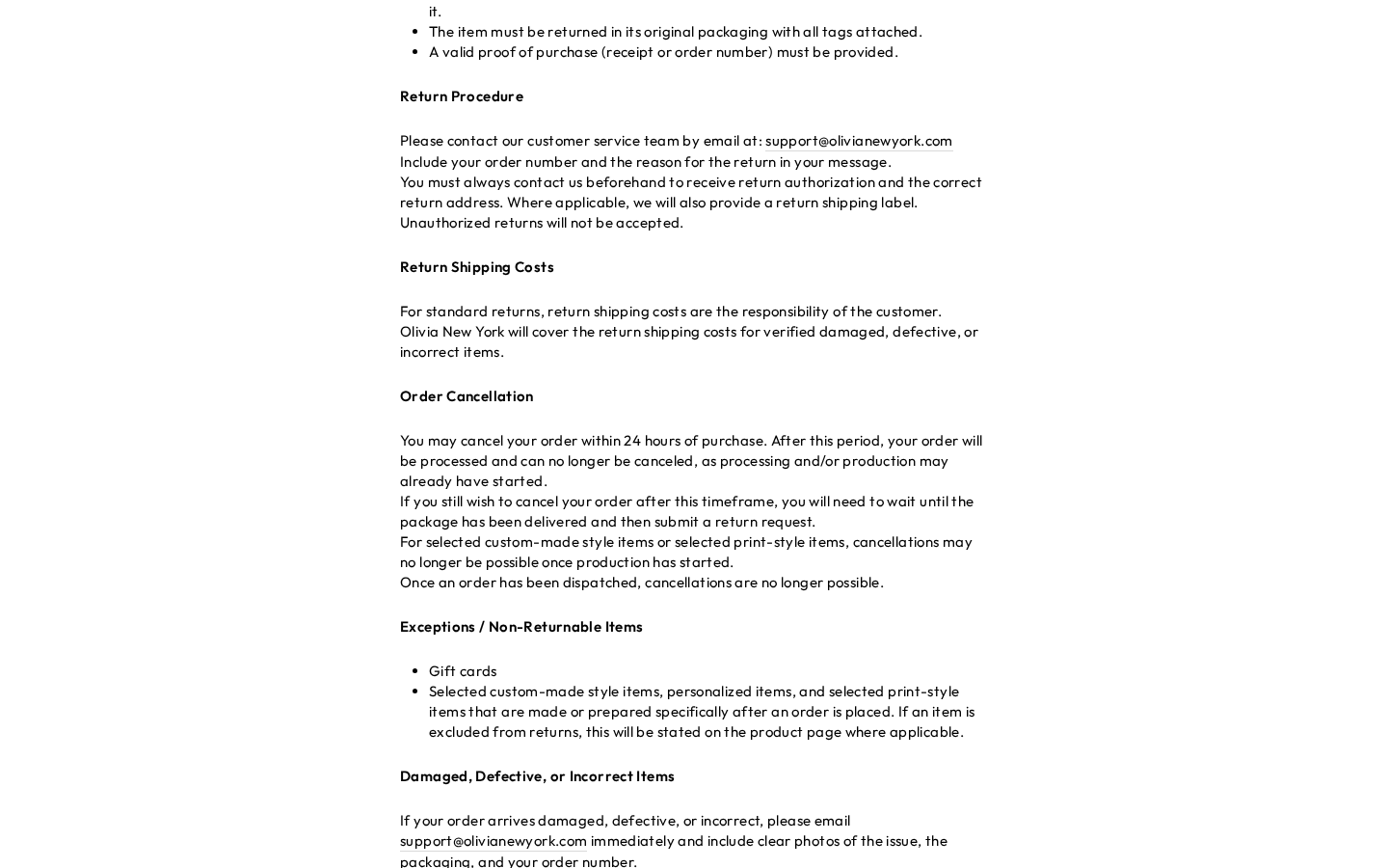 Olivia New York Review: Return Costs, Sale Claims and Buyer Risks Checked 1 Olivia New York refund policy explaining return authorization, postage, and cancellation