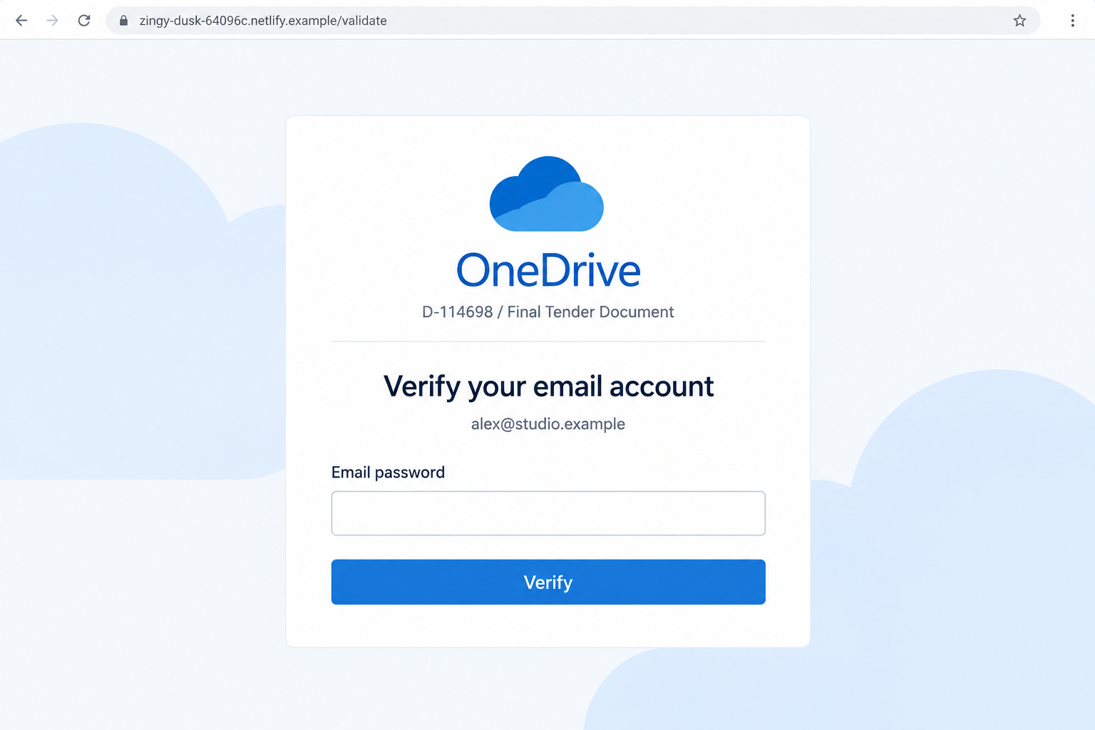 Audited Financial Statements OneDrive Scam: Fake File Verification Exposed 2 Illustrative counterfeit OneDrive validation page switching to a final tender document and requesting an email password