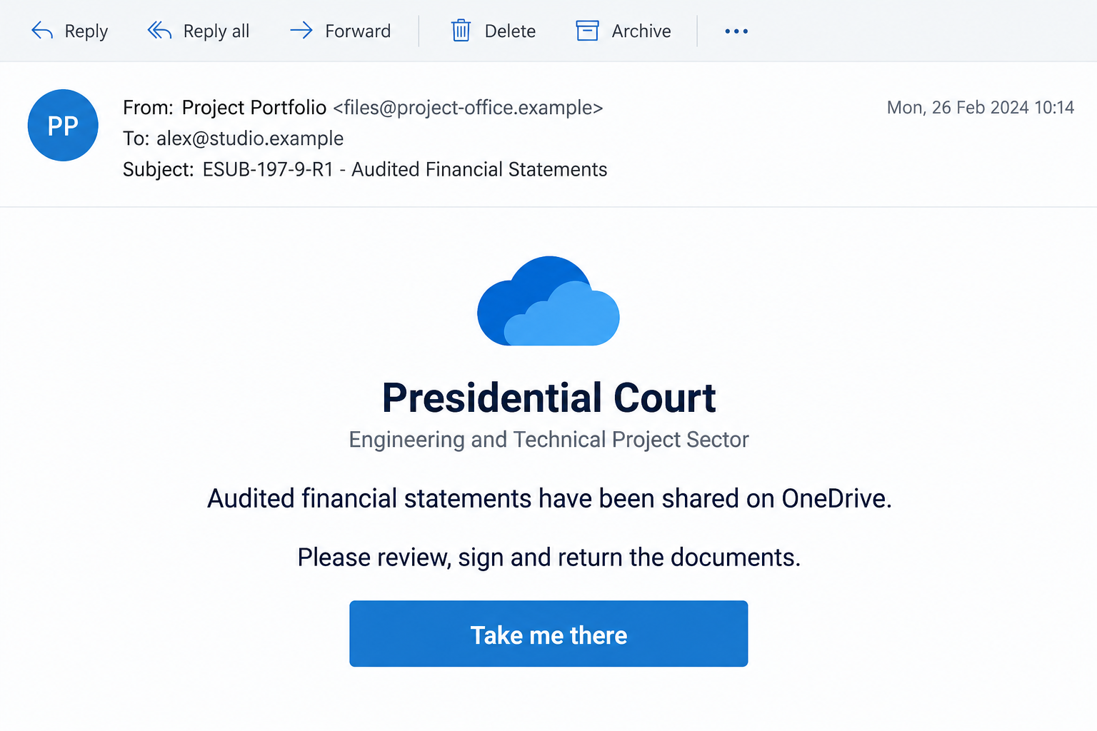Audited Financial Statements OneDrive Scam: Fake File Verification Exposed 1 Illustrative email claiming audited financial statements were shared through OneDrive by a project office
