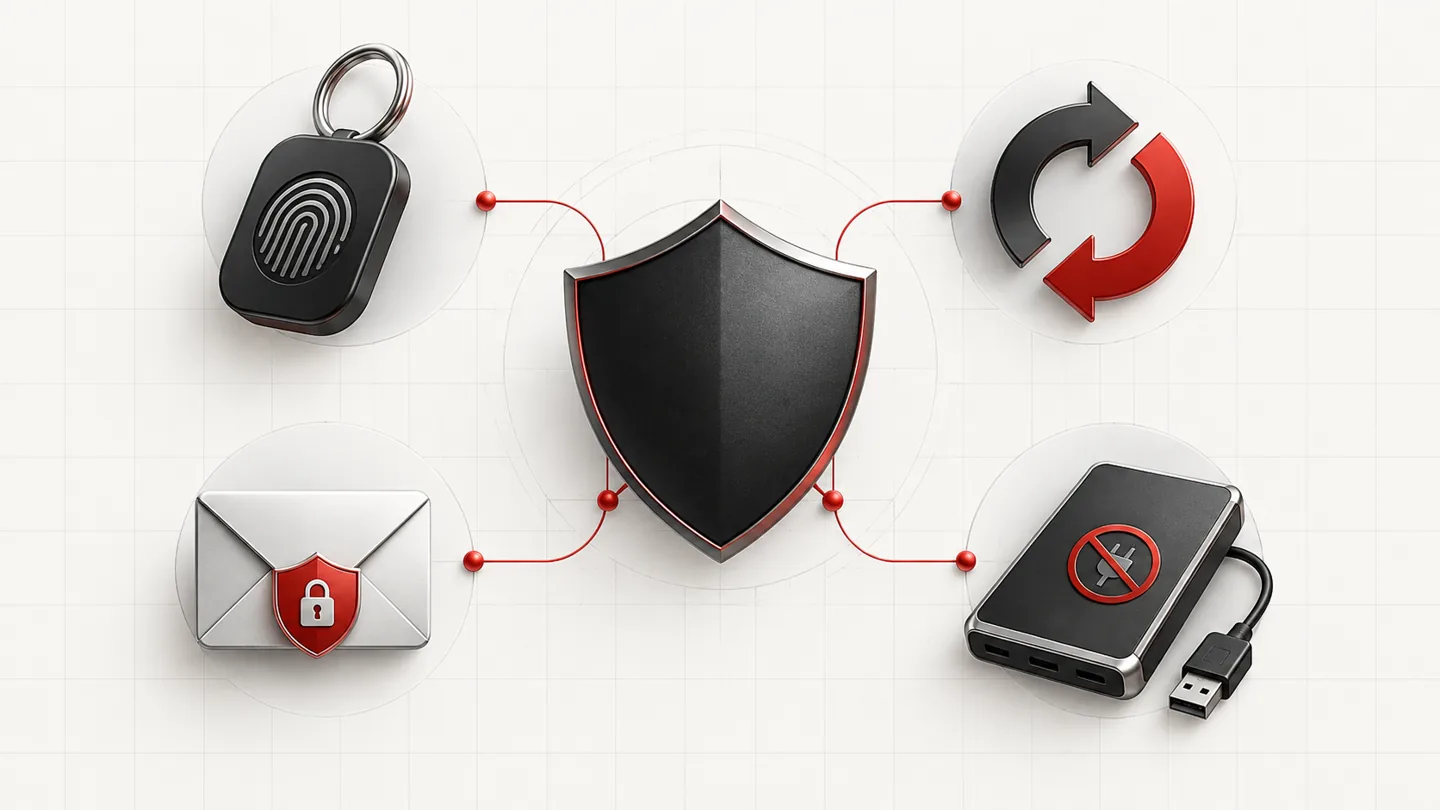 Online Security Checklist: Avoid Scams and Protect Your Devices and Data 1 Illustration of account keys, software updates, and a disconnected backup forming layers of protection