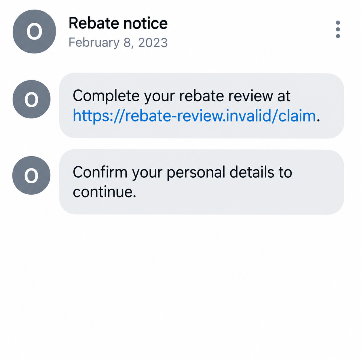 Illustrative fictional possible follow-up to a rebate text introducing a sample verification link and personal-information request
