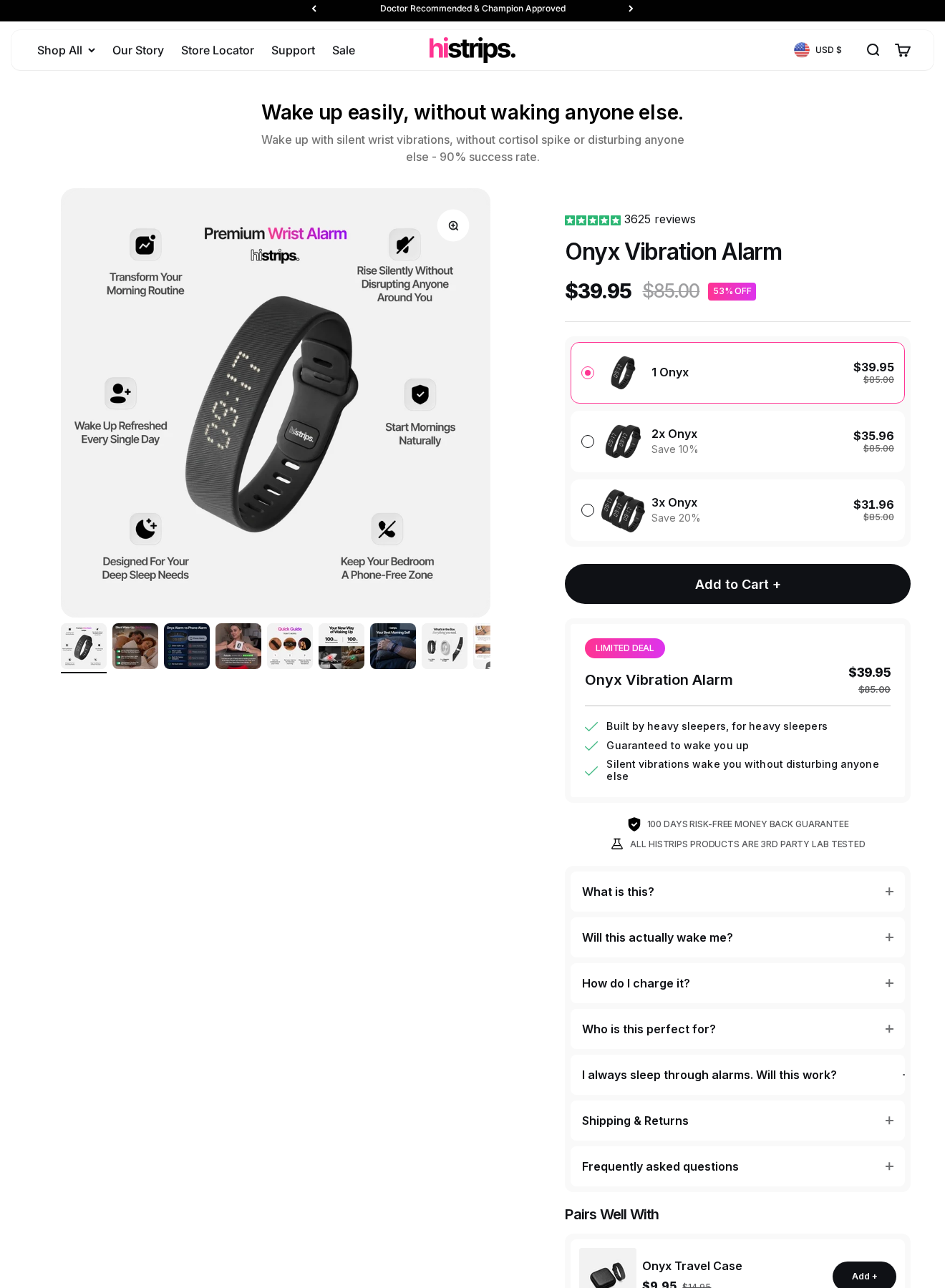 HiStrips Onyx Vibration Alarm offer showing the wristband, package choices and wake-up guarantee
