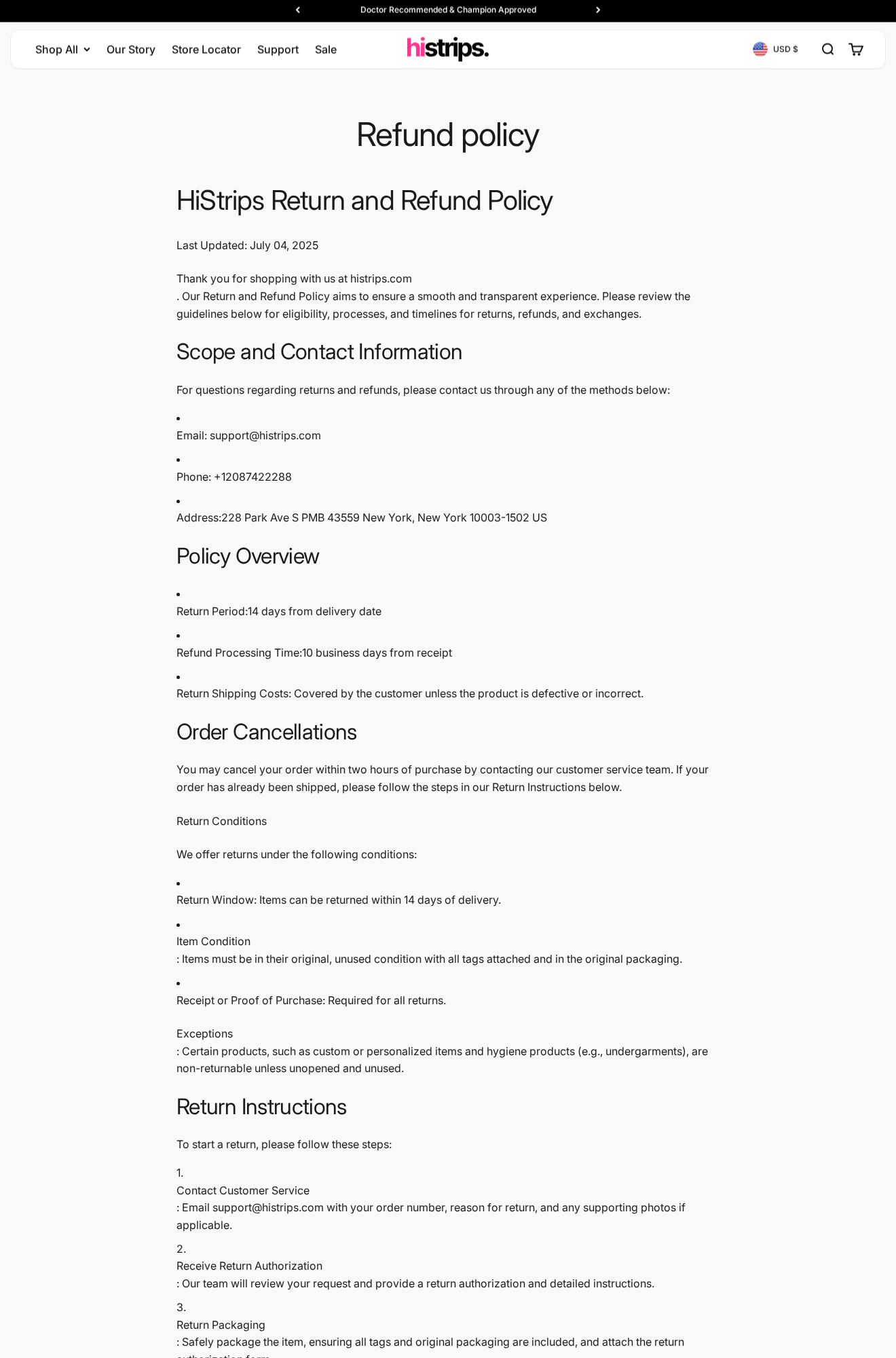 HiStrips general refund policy displaying return eligibility and the 14-day return period