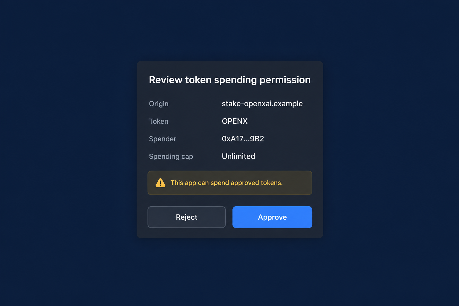 OpenxAI Staking Scam Exposed: Fake 20% APR Offers and Wallet Theft Risk 2 Hypothetical OPENX spending permission illustrating a broad token allowance requested by a fictional staking site