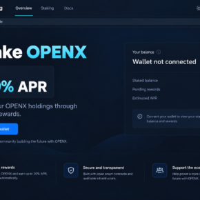 Illustrative counterfeit OpenxAI staking page offering up to 20% APR on a fictional event domain