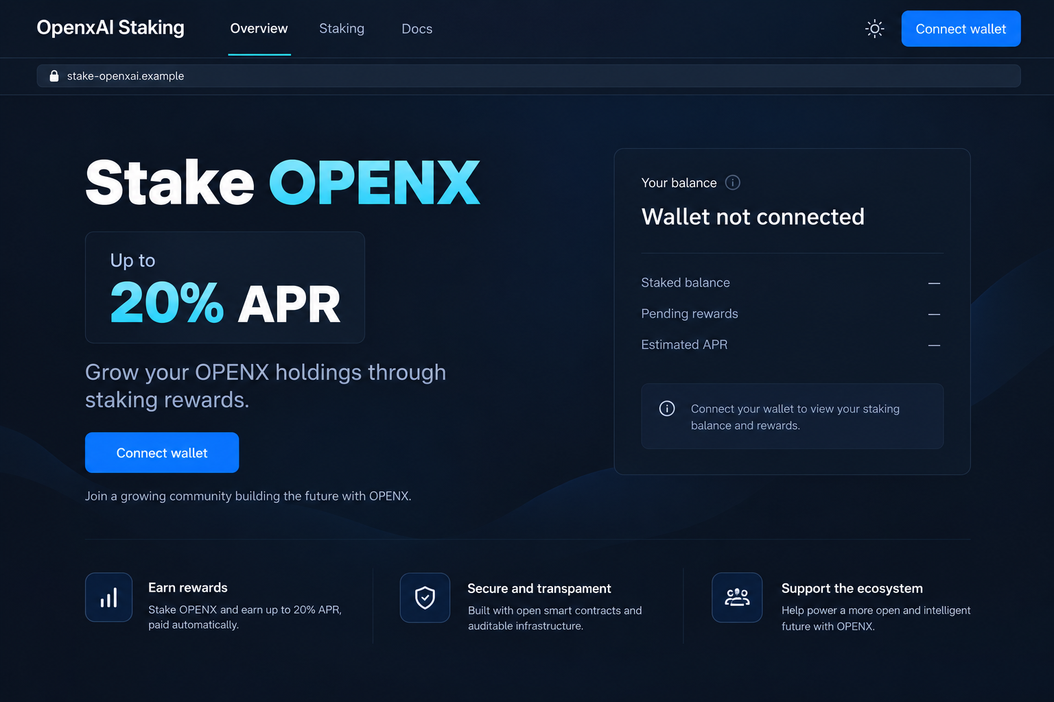 OpenxAI Staking Scam Exposed: Fake 20% APR Offers and Wallet Theft Risk 1 Illustrative counterfeit OpenxAI staking page offering up to 20% APR on a fictional event domain